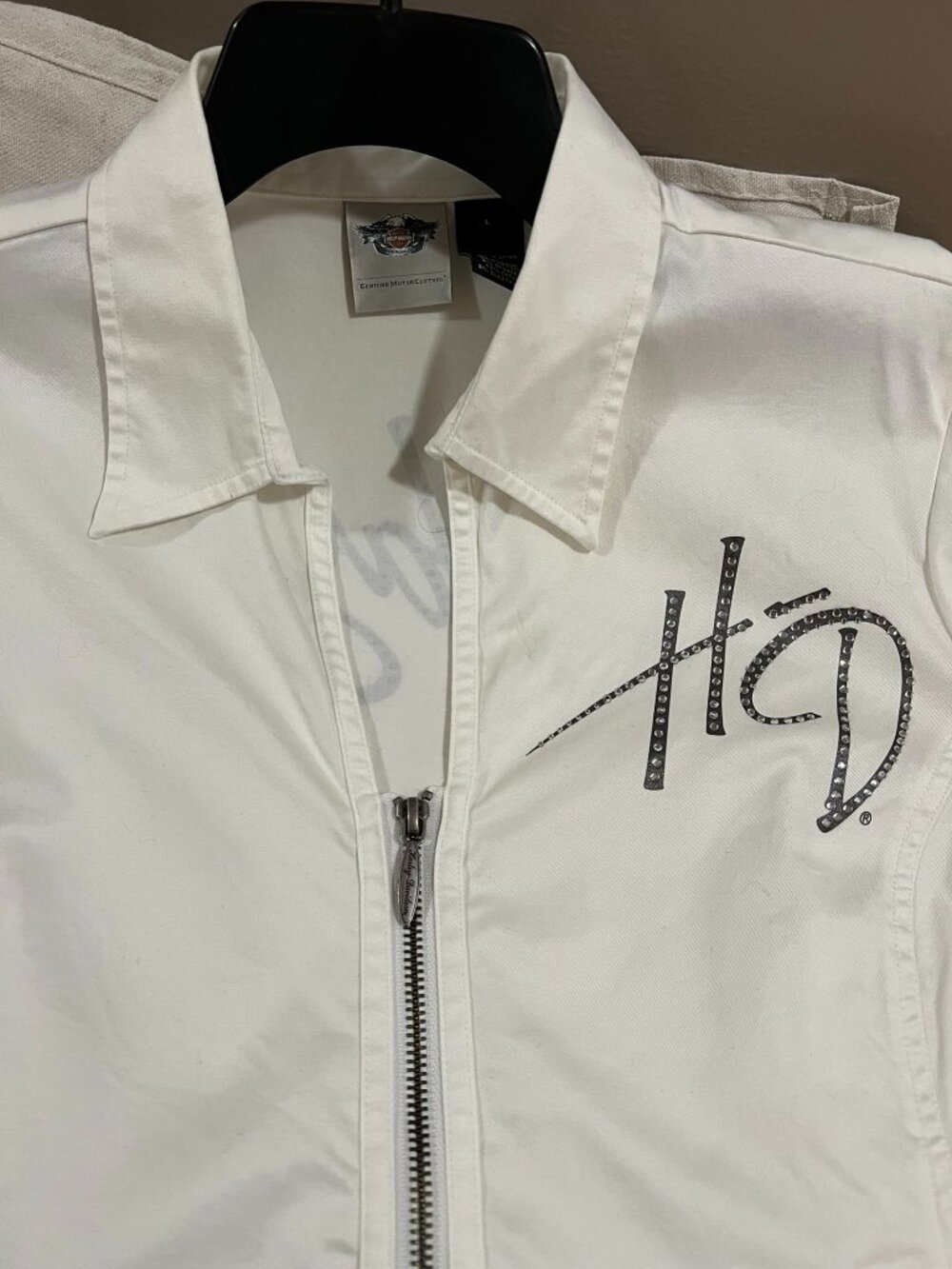 Harley-Davidson Womens White Zip Front Shirt Rhinestone Logo Large Stretch Moto - Picture 3 of 4